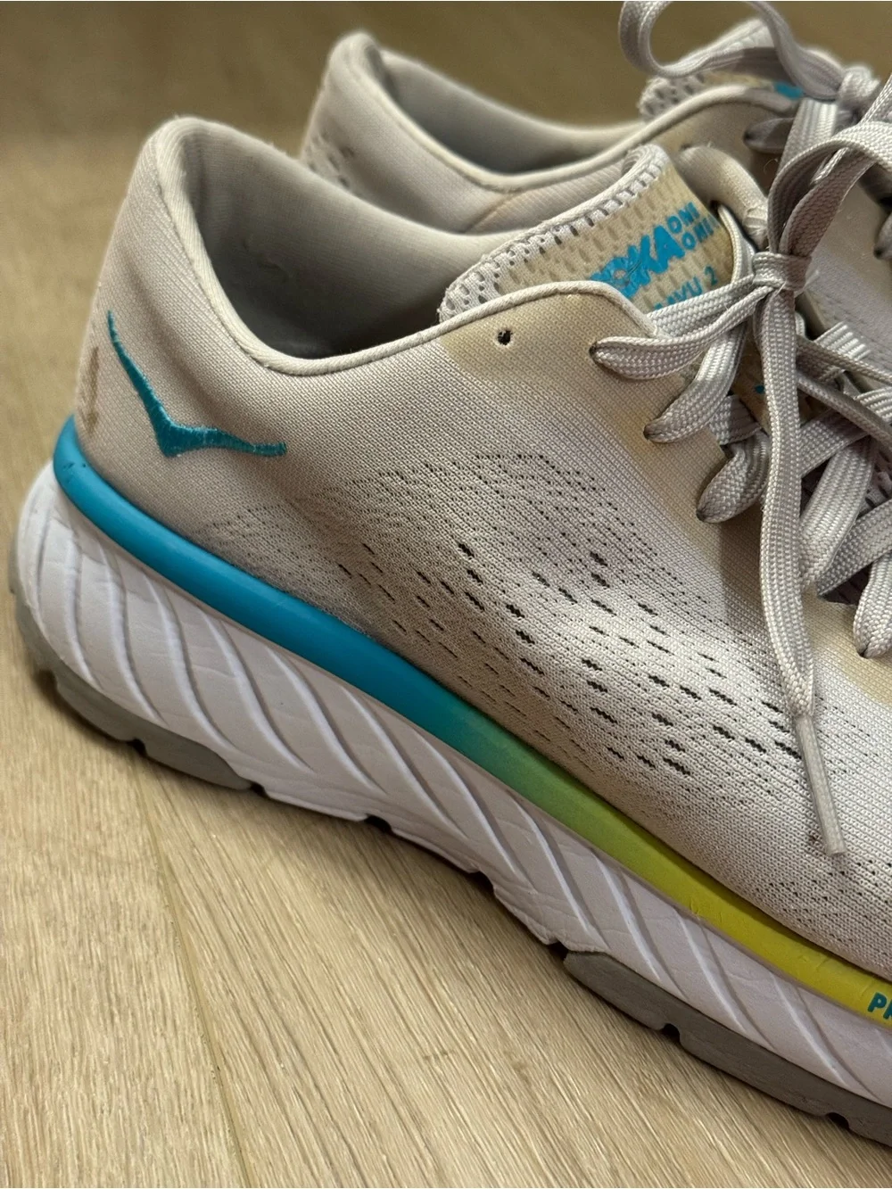 Hoka Women's Grey Running Shoes with Blue and Yellow Accents
